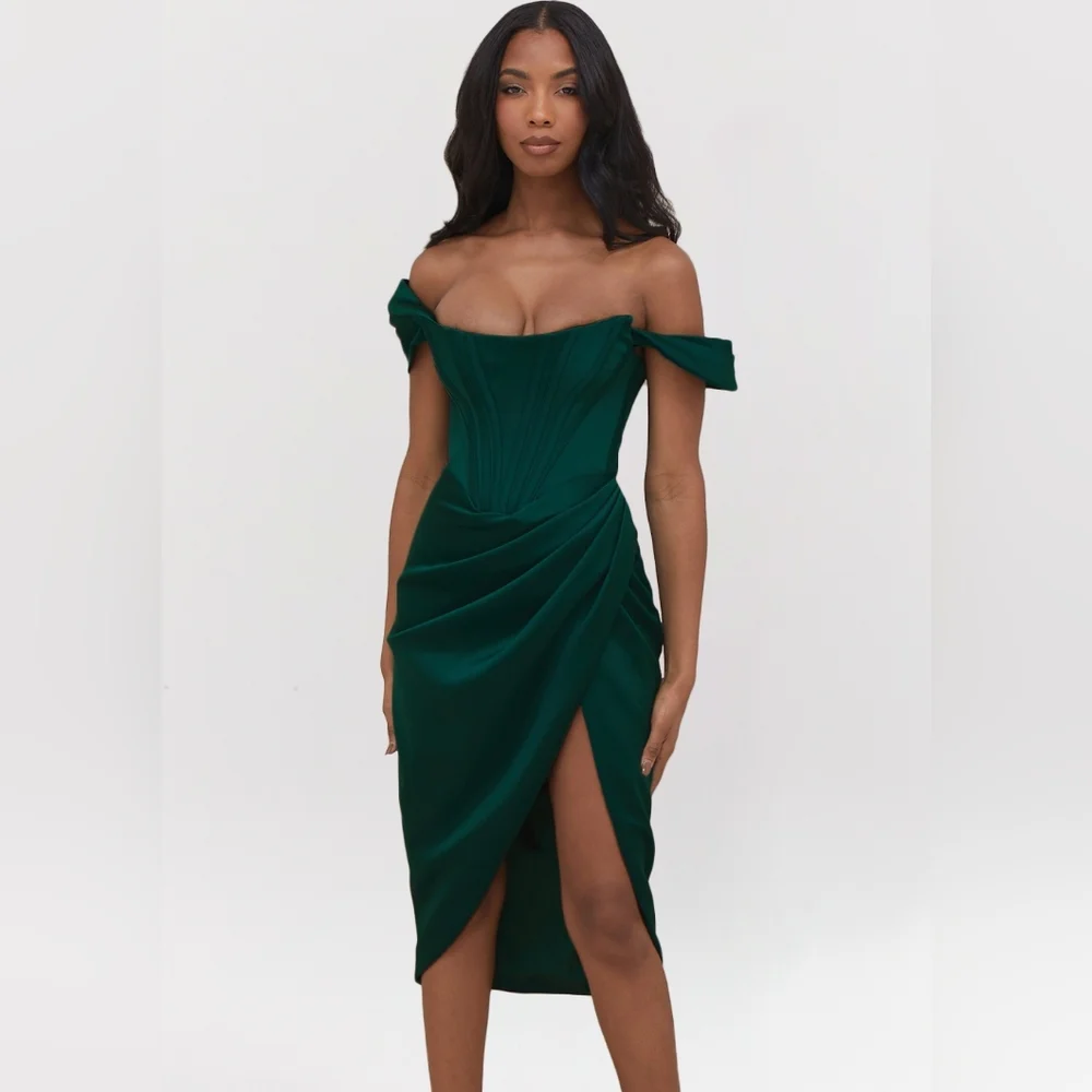 House Of CB Loretta Emerald Green Satin Off Shoulder Dress - Picture 3 of 10